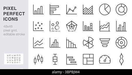 Jeu d'icônes de ligne de visualisation des données. Graphique à barres, graphique circulaire, radar, illustrations vectorielles minimales en entonnoir. Signes simples pour les analyses et les infographies Illustration de Vecteur
