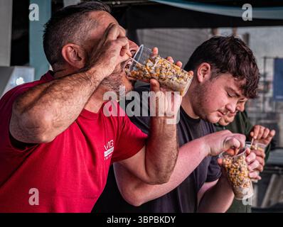 Les concurrents participent à la compétition « mangez une pinte de coques » à la régate Old Leigh, Leigh on Sea. Banque D'Images