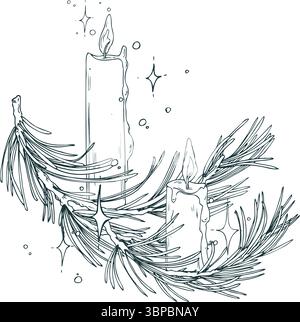 Arrangement de vacances minimaliste avec une bougie et branche de pin. Dessin au trait dessiné à la main à l'encre noire. Convient pour les cartes de Noël, logos et élégant Illustration de Vecteur