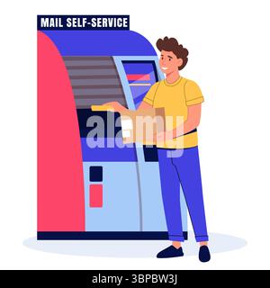 Homme utilisant un casier d'expédition libre-service. Illustration vectorielle. Homme avec boîte postale près de la chute automatique de colis. Concept pour les services de livraison, e-commerce Illustration de Vecteur