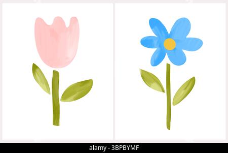 Jolie illustration de Vcctor dessinée à la main de tulipe rose et de fleurs de Marguerite bleue. Fleurs puériles ressemblant à des dessins. Fleurs roses et bleues sur blanc. Illustration de Vecteur