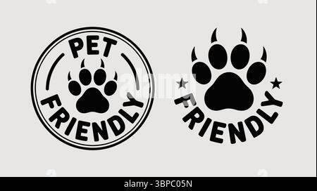Deux logos acceptant les animaux un dans un cercle et un avec juste le mot amical et l'image d'impression de patte est noir Illustration de Vecteur