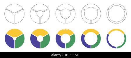 Roues rondes divisées, trois sections. Ensemble d'infographies de diagrammes. Graphique de section circulaire Icônes de graphique circulaire. Graphiques multicolores en forme de donut, secteurs segmentés Illustration de Vecteur