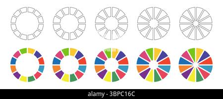 Tableaux en forme de donut, secteurs segmentés sur 12 parties égales. Diagrammes infographie ensemble multicolore. Roues divisées en douze sections. Graphique de section circulaire. Tarte Illustration de Vecteur