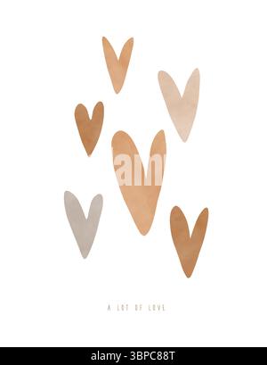 Illustration vectorielle de style scandinave simple avec des coeurs. Imprimé romantique avec des coeurs bruns isolés sur un fond blanc. Carte de Saint-Valentin. Illustration de Vecteur