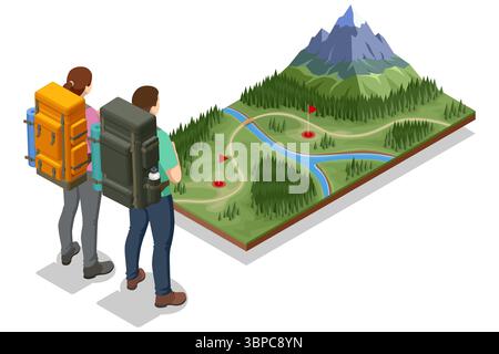 Deux randonneurs avec des sacs à dos regardant une carte de randonnée en 3D avec des sentiers, des rivières, des drapeaux et des montagnes. Aventure, trekking et concept de navigation en plein air dans Illustration de Vecteur