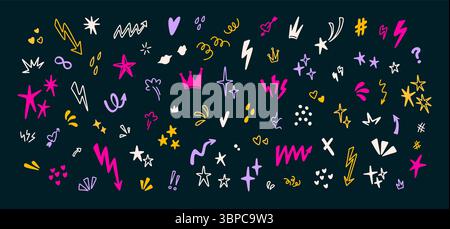 Ensemble d'icônes de dessin de ligne mignonne. Flèche, étoile, cœur, couronne, point d'exclamation, gribouillettes crayon enfant scintillantes confettis pailletées. Musique punk rock n Illustration de Vecteur