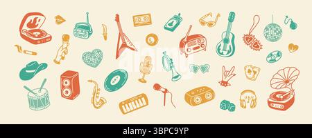 Fond de doodle dessiné à la main de musique rétro. Éléments et icônes de conception de concert rock et pop à l'ancienne mode. années 80 années 90 style nostalgie y2k soirée disco, karaoké Illustration de Vecteur