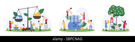 Dépôt bancaire, investissement immobilier et futur de pension, épargne et bénéfice. Les gens minuscules pèsent la maison sur les balances, mettent des pièces d'argent dans le sac, collectent de l'argent à partir de l'illustration vectorielle de dessin animé d'arbre Illustration de Vecteur