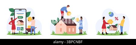 Investissement immobilier, achat en ligne et prêt hypothécaire. Les gens minuscules investissent des économies d'argent à l'achat de propriété, mettent des pièces de monnaie en espèces dans la maison, poussent le bouton acheter sur l'illustration vectorielle de dessin animé de l'écran du téléphone Illustration de Vecteur