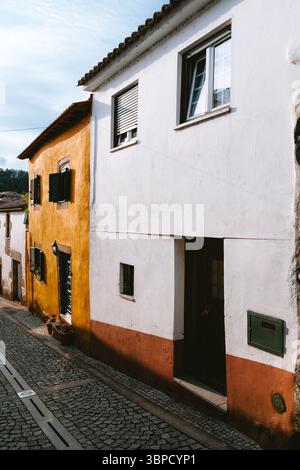 L'architecture traditionnelle portugaise brille à Tarouca, avec des maisons colorées bordant une charmante rue pavée, créant une scène pittoresque Banque D'Images