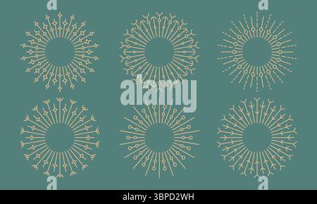 Ligne bohème florale ronde rayonne le soleil, formes de pissenlit. Logo doré vintage radial Sunburst, conceptions vectorielles de fond. Illustration de Vecteur