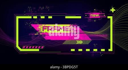 Cadre Cyberpunk Glitch avec bannière rose fluo - bordure vert vif, lignes de vagues fluides, textures pointillées et nouvelle étiquette. Conception d'interface numérique pour les superpositions de streaming, l'interface utilisateur de jeu ou la présentation technique. Illustration de Vecteur