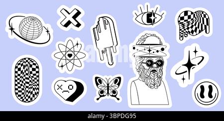 Future y2k autocollant Set - globe filaire avec orbite, fusion popsicle, pilules à carreaux, cœur pixel, papillon et philosophe barbu avec anneaux planétaires et visage souriant pour une esthétique numérique rétro Illustration de Vecteur