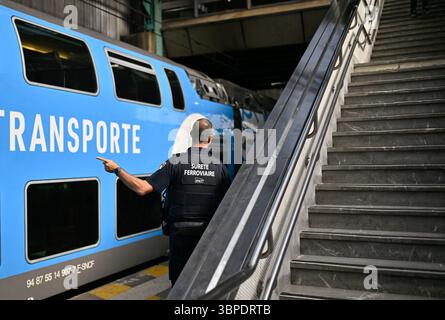 Lyon (centre-est de la France), gare de Lyon-Perrache : agent assermenté de sécurité ferroviaire SNCF, armé et en uniforme, en service sur un quai, près d'un neuf Banque D'Images