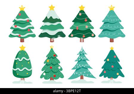 Ensemble de cliparts plats pour arbre de Noël. Collection d'art clip de dessin d'arbre de Noël vert avec de la neige, des boules de Noël et des éléments de décoration d'étoiles pour l'hiver Illustration de Vecteur