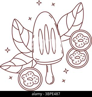 Contour bâton de crème glacée à la goyave et tranches de fruits tropicaux avec des feuilles. Dessin au trait, livre de coloriage. Illustration vectorielle. Nourriture exotique, dessert sucré pour Illustration de Vecteur