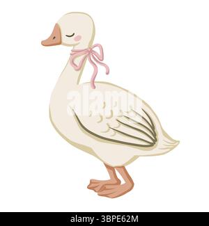 Personnage vecteur d'oie mignon avec arc rose dans un style de dessin animé plat. Oiseau blanc dessiné à la main avec un design simple parfait pour l'illustration de livre d'impression de pépinière Illustration de Vecteur