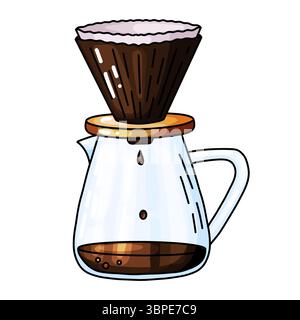 Illustration claire de doodle dessinée à la main d'une cafetière à verser avec un filtre et goutte à goutte de café dans une carafe en verre. Oeuvre d'art numérique perfe Illustration de Vecteur