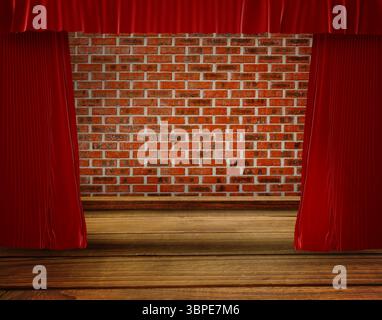 La scène vide montre une toile de fond en brique et des planches de bois dans un design plat avec des rideaux de velours rouge Banque D'Images