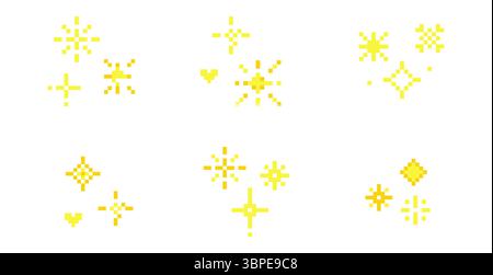 Icônes scintillantes de pixel 8 bits dans des étoiles de style rétro et des cristaux pour les jeux UI rétro designs ou web minimaliste 90s Y2K pixel star collection.Firework burst, décoration de l'espace. . Illustration vectorielle Illustration de Vecteur