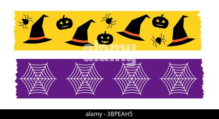 Ruban washi violet noir et orange pour Halloween avec de mignonnes araignées citrouilles et chauves-souris volantes. Collection de ruban de masquage vectoriel pour scrapbooking de vacances Illustration de Vecteur