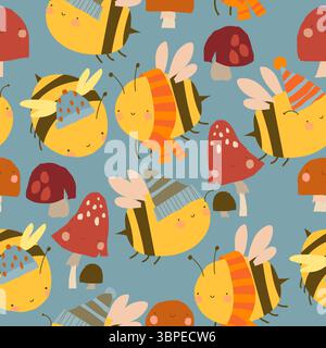 Motif sans couture avec de jolies abeilles jaunes portant des écharpes et des chapeaux et des champignons Illustration de Vecteur
