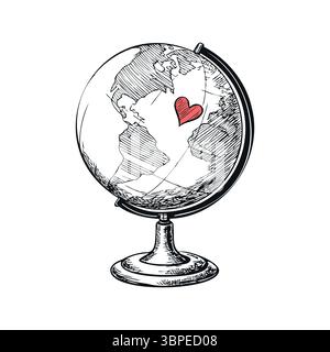 Un globe vintage avec un cœur rouge dessiné sur les Amériques. Le globe est détaillé avec des continents et des océans, reposant sur un stand classique. Illustration de Vecteur