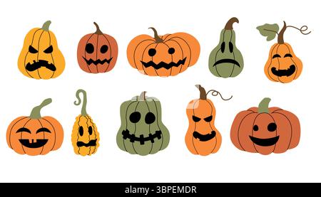Ensemble de citrouilles et de gourdes colorées de dessin animé avec des visages sculptés drôles et effrayants. Clipart d'Halloween dans un style plat. Légumes d'automne décoratifs isolés Illustration de Vecteur