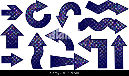 Ensemble de flèches bleues avec des motifs de points colorés, pointant dans diverses directions sur un fond blanc. Illustration de Vecteur