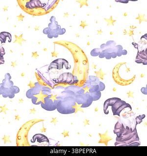Gnomes mignons dormant sur le croissant de lune dans le nuage avec des étoiles aquarelle motif sans couture pour la conception des enfants. Elfs d'illustration dessinés à la main de rêves de fées Banque D'Images