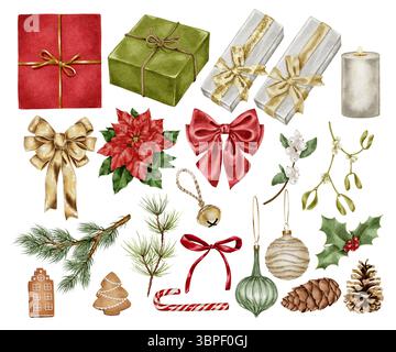 Grande aquarelle Noël clipart ensemble cadeau noeuds poinsettia bougies branches de pin gui neige holly boules jingle Bell biscuits et pommes de pin. pour les cartes d'emballage textile design scrapbooking. Banque D'Images