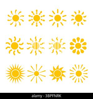 Collection d'icônes de soleil jaune décoratif. Ensemble d'icônes décoratives du soleil, chacune conçue dans un style unique pour apporter un sentiment de chaleur et de créativité. Illustration de Vecteur