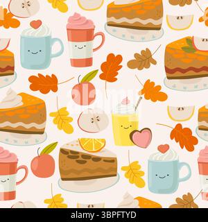 Modèle sans couture de divers morceaux de tarte aux pommes, tasses et feuilles d'automne Illustration de Vecteur