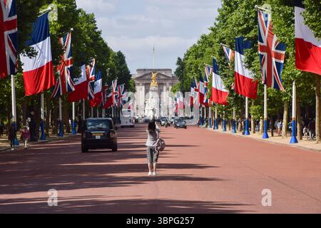 Londres, Royaume-Uni, 8 juillet 2025. Des drapeaux français et de l'Union Jack bordent le Mall lors de la visite d'État du président Emmanuel Macron au Royaume-Uni. Crédit : Vuk Valcic/Alamy Banque D'Images
