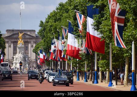 Londres, Royaume-Uni, 8 juillet 2025. Des drapeaux français et de l'Union Jack bordent le Mall lors de la visite d'État du président Emmanuel Macron au Royaume-Uni. Crédit : Vuk Valcic/Alamy Banque D'Images