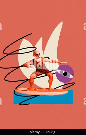 Modèle d'illustration créative image d'esquisse 3D collage de l'été surfeur homme âgé stand board balance Eyeball PEEK Spy Watch Control Search Banque D'Images