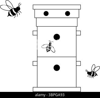 Beehouse avec composition d'insectes. Illustration de ligne graphique vectorielle. Enfants illustration textile et cartes postales avec ruche à arbre coloré. Exemple d'affiche Illustration de Vecteur