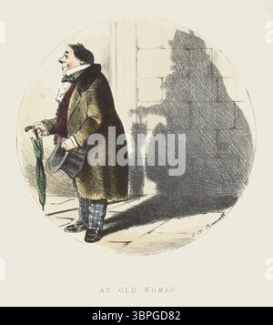 Illustration victorienne humoristique intitulée an Old Woman, montrant un homme projetant l'ombre d'une vieille dame avec un sac à main et un bonnet. Extrait de Shadows de Charles H. Bennett. Londres, Angleterre. Circa 1856. Banque D'Images