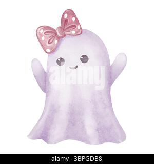 Joli fantôme aquarelle avec un noeud rose sur la tête. Peint à la main dans un style fantaisiste et charmant, parfait pour les dessins d'Halloween avec un doux Banque D'Images
