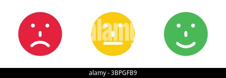 Ensemble d'icônes de visage rouges, jaunes et vertes représentant les commentaires négatifs, neutres et positifs pour l'évaluation, la satisfaction, l'échelle d'émotion et l'évaluation Illustration de Vecteur