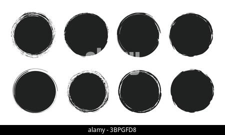 Ensemble de formes noires de cercle grunge avec des bords rugueux représentant des cadres abstraits, des coups de pinceau, des taches d'encre, des éléments dessinés à la main et un design décoratif Illustration de Vecteur