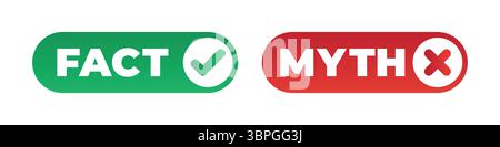 Étiquettes de faits et de mythes avec des icônes de coche verte et de croix rouge représentant la vérité, le mensonge, la vérification, la démystification, l'exactitude de l'information, et décision Illustration de Vecteur