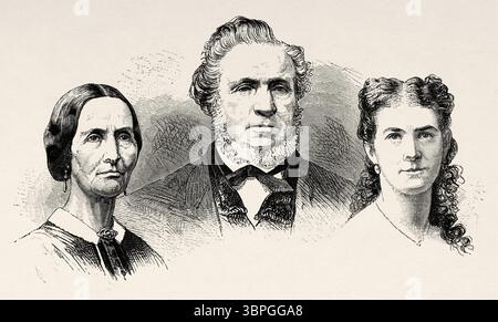 Portraits de Mormons, de gauche à droite : ELISA Snow, poète et l'une des épouses spirituelles du Pape. Brigham Young, pape ou président de l'Église. Alexandra, actrice mormone. Utah (États-Unis d'Amérique). Dessin d'Etienne Gabrial Bocourt (1821-1913) voyage de Washington à San Francisco, 1868 de Lambert Marius Laurent Louis Simonin (1830-1886) le Tour du monde 1874 Banque D'Images
