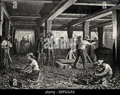 Travailler dans les mines d'argent du Nevada. États-Unis d'Amérique. Dessin de Jules Ferat (1829-1906) voyage de Washington à San Francisco, 1868 de Lambert Marius Laurent Louis Simonin (1830-1886) le Tour du monde 1874 Banque D'Images