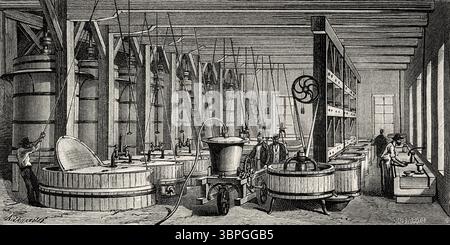 Atelier de purification d'amalgame d'argent, usine de Gould et Curry à Virginia City Nevada, États-Unis d'Amérique. Dessin d'Auguste Jahandier (1837-1875) voyage de Washington à San Francisco, 1868 de Lambert Marius Laurent Louis Simonin (1830-1886) le Tour du monde 1874 Banque D'Images