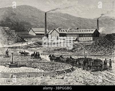 Arastras mexicaines piétinées par des pieds de mule pour le broyage et l'amalgame de minerais d'argent, usines de Gould et Curry près de Virginia City, Nevada. États-Unis d'Amérique. Dessin de Jules Ferat (1829-1906) voyage de Washington à San Francisco, 1868 de Lambert Marius Laurent Louis Simonin (1830-1886) le Tour du monde 1874 Banque D'Images