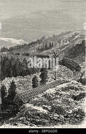 Abris de neige sur le Central Pacific Railway au croisement de la Sierra Nevada, Californie. États-Unis d'Amérique. Dessin de Jules Ferat (1829-1906) voyage de Washington à San Francisco, 1868 de Lambert Marius Laurent Louis Simonin (1830-1886) le Tour du monde 1874 Banque D'Images