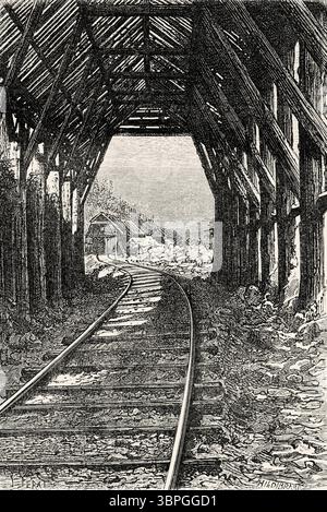 Pacific Railway, l'intérieur d'un hangar de neige dans la Sierra Nevada. Californie. États-Unis d'Amérique. Dessin de Jules Ferat (1829-1906) voyage de Washington à San Francisco, 1868 de Lambert Marius Laurent Louis Simonin (1830-1886) le Tour du monde 1874 Banque D'Images