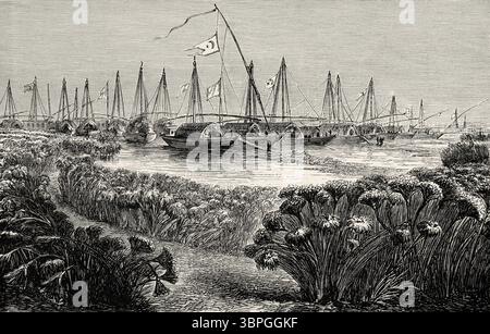 Vue sur la Meshera, Port Rek. Soudan du Sud. Afrique. Le coeur de l'Afrique. Trois ans de voyage et d'aventure dans les régions inexplorées de l'Afrique centrale, 1868 à 1871by Georg August Schweinfurth (1836-1925) le Tour du monde 1874 Banque D'Images